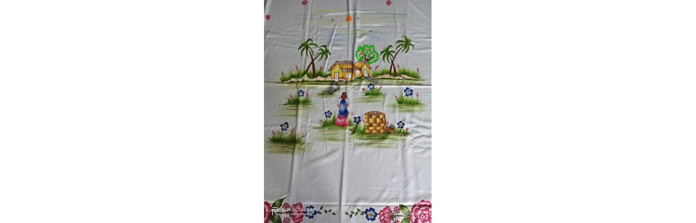 Handpainted cotton silk bedsheet with scenery in center and floral print